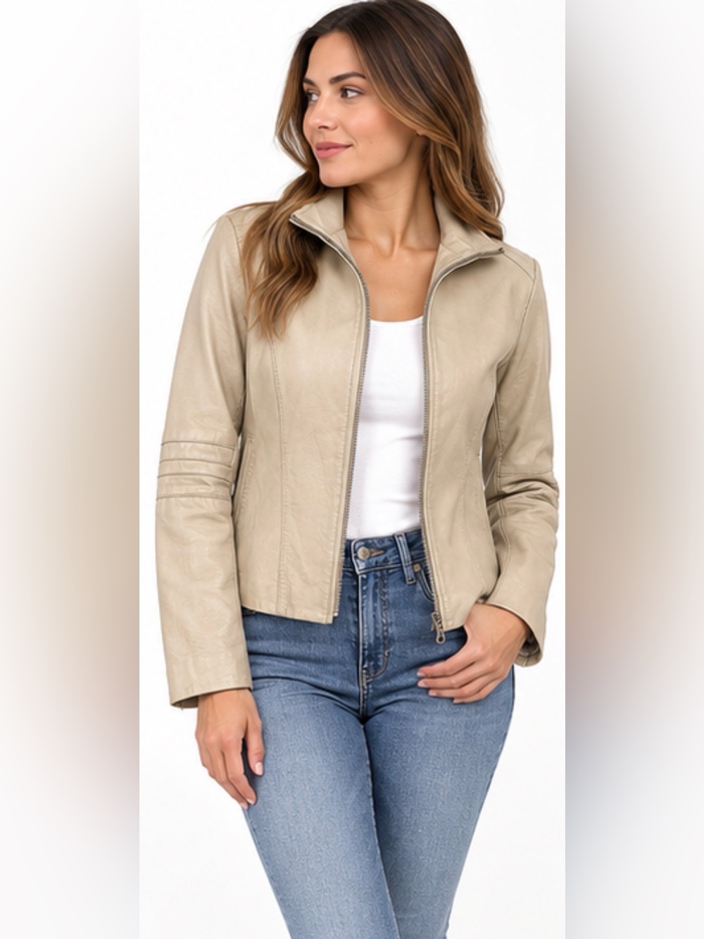 Akoury Cuirs Women’s Genuine Leather Jacket – Beige – Size M